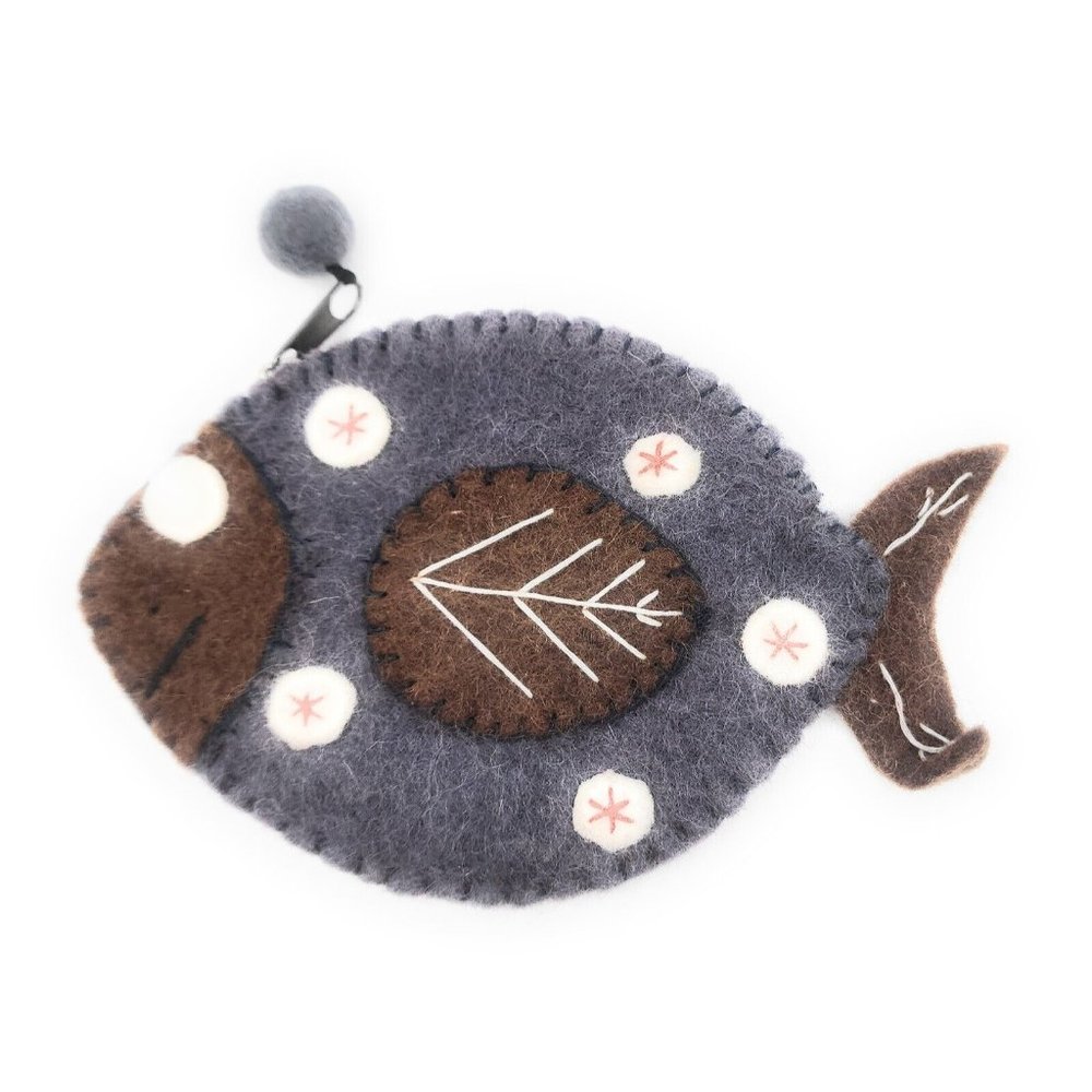 Handmade Wool Felt Coin Purse + Colorful Applique  + Zipper Close Made in Nepal